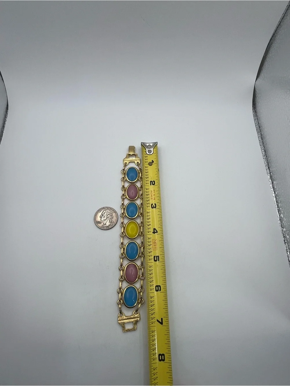 Pale Pink, blue, yellow oval cabochon gold tone vintage chain bracelet